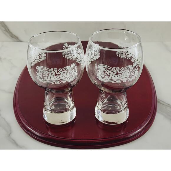 Pepsi Cola Clear Tumbler Glass 16oz Bell Shaped White Logo 6" Pedestal 70's x2 - Picture 5 of 13